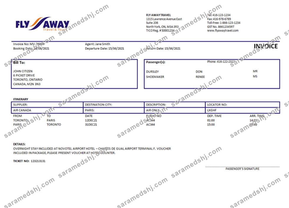 USA Fly Away Travel agency invoice